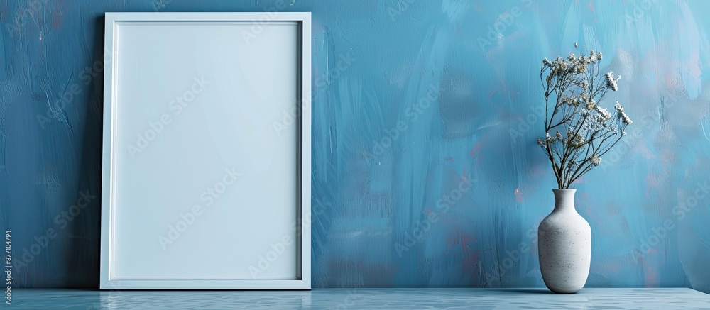 Poster a white poster frame stands on a coffee table in a blue room, showcasing an empty canvas with room f