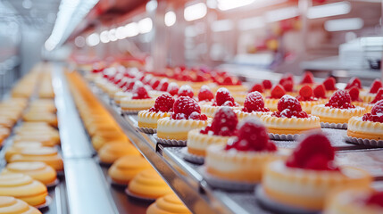 A production line in a bakery, showcasing the industrial process of making delicious pastries and snacks