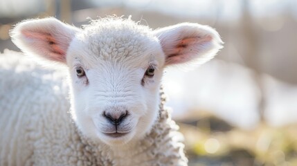 Obraz premium A tight shot of a sheep's face with a softly blurred backdrop of grass and trees