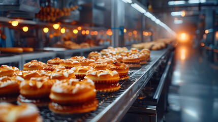 A production line in a bakery, showcasing the industrial process of making delicious pastries and snacks