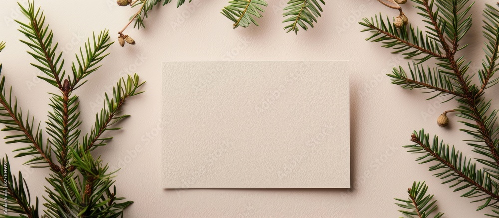 Leinwandbilder Christmas tree branches on a blank business card create a New Year celebration concept with a side view in a minimalist mockup, ideal for event invitations or advertising with copy space image.