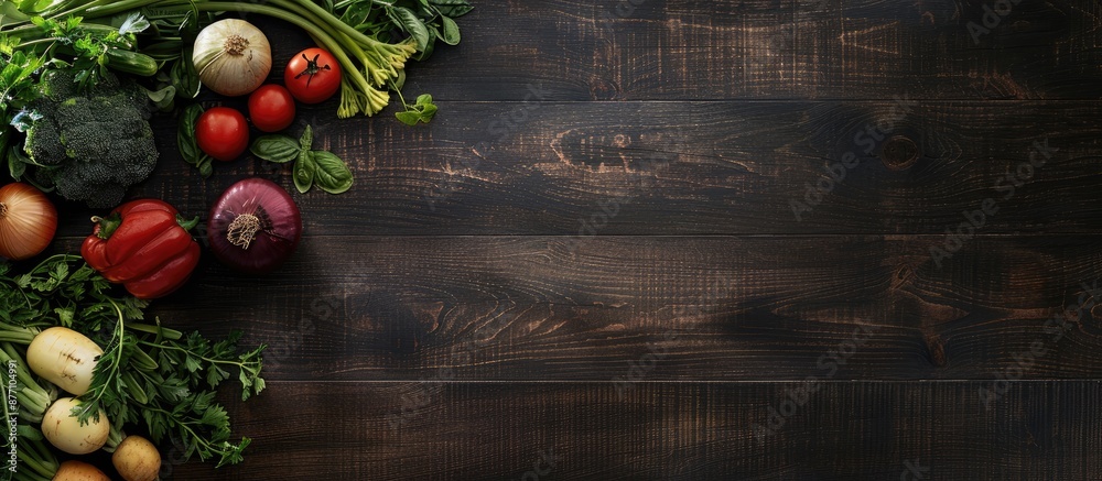 Poster A variety of fresh vegetables displayed on a dark wooden surface with ample space for additional content or text insertion in the image.