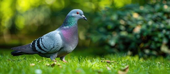 A single pigeon with gray feathers standing on lush green grass in a garden with a natural background, with copy space image. © HN Works