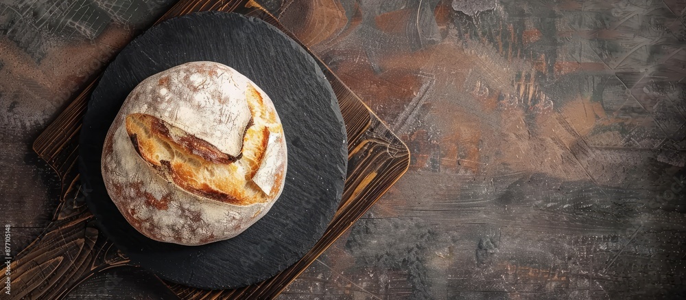 Poster fresh sourdough bread displayed on a black slate plate over a wooden table with copy space image.