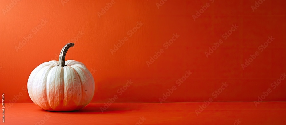 Poster a single white pumpkin displayed on an orange backdrop with ample copy space image.