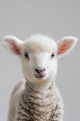 Fototapeta premium A tight shot of a sheep's face, its light-colored fur defining the contours around its eyes and covering its ears