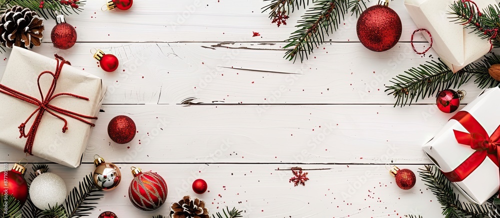 Poster festive christmas gifts placed on a white wooden table with decorations, creating a new year's compo