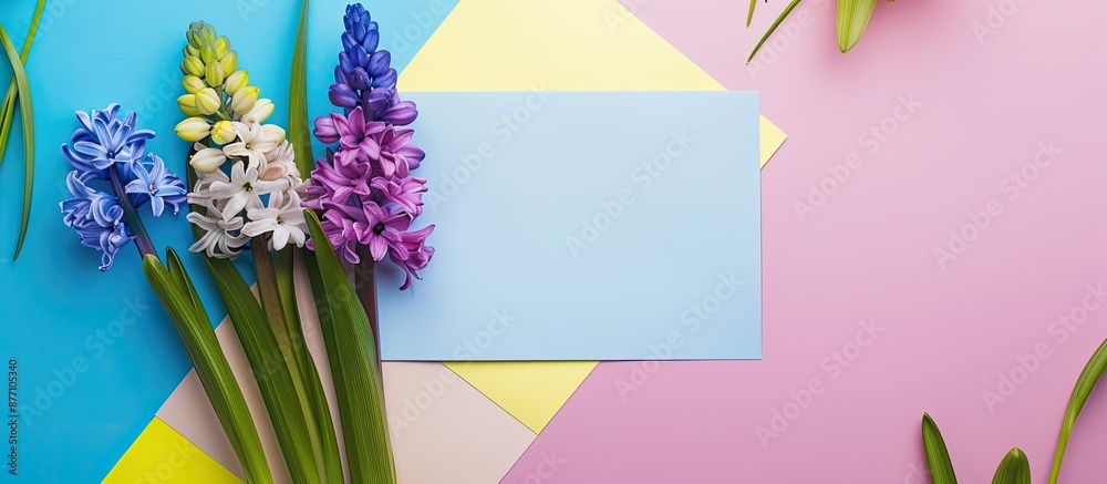 Poster Spring hyacinth flowers in a flat lay composition with a blank card on a colorful background, offering ample space for text input.