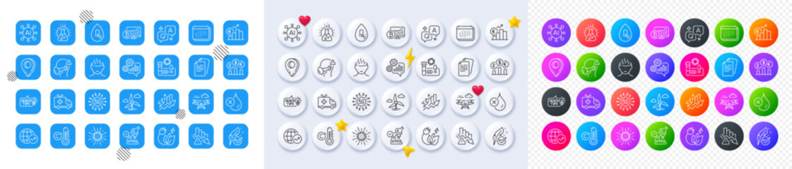 World statistics, No waterproof and Hypoallergenic tested line icons. Square, Gradient, Pin 3d buttons. AI, QA and map pin icons. Pack of Medical mask, Windmill turbine, Ambulance car icon. Vector