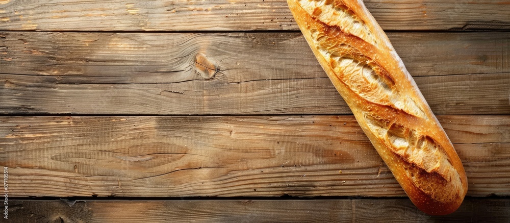 Poster bakery-fresh baguette on a wooden backdrop with copy space image.