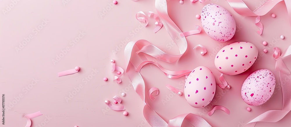Poster pink background with ribbon and easter eggs in a top view isolated for copy space image.