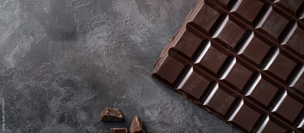Poster close-up view of a delicious dark chocolate bar with ample copy space image.