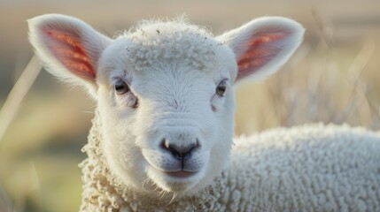 Fototapeta premium A tight shot of a sheep's face with a hazy grass backdrop and grassy foreground