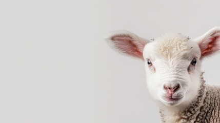 Obraz premium A close-up of a sheep's face against a white wall backdrop