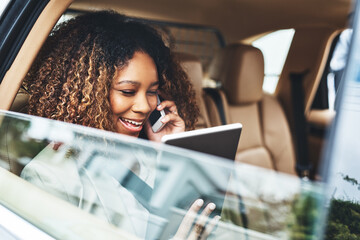 Black woman, car and phone call with tablet for meeting, travel and cellphone for connection. Technology, internet and with chauffeur for female person, backseat and window for taxi service ceo