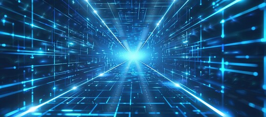 Obraz premium Digital Network Tunnel - Glowing Blue Lines