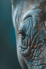  A tight shot of an elephant's creased face against a blue backdrop