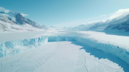 A frozen landscape with a large crack in the ice