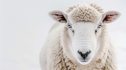  A tight shot of a sheep's face, snow-covered mountain in the backdrop