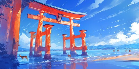 Tranquil Japanese Landscape with Torii Gate and Deer