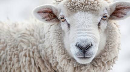  A tight shot of a sheep's face, its visage adorned with a white fleece, two ear tags affixed to its ears