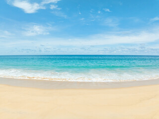 Empty tropical beach and seascape,Amazing sand on beach and blue summer sky background,Aerial view beach for travel background