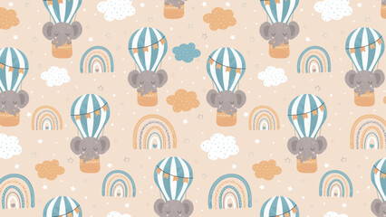 Horizontal Background with Seamless Pattern with Cute Elephant Sleeping on Balloon. Baby Print, For Printing, Clothes, Postcards. Vector