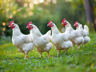 Fototapeta premium Five White Chickens Walking Through Grass in a Sunny Meadow