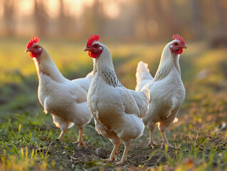 Fototapeta premium Three White Chickens in a Grassy Field at Sunset