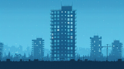 Naklejka premium A city skyline with a large building in the middle. The sky is blue and the buildings are tall