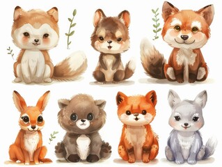 Cute Woodland Animal. A collection of adorable woodland animal illustrations featuring various cute creatures with plants on a white background.