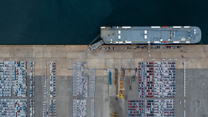 Aerial view of new car stock at distribution center automobile factory, Row of new car for sale in port, New car lined up import and export business logistic to dealership for sale.