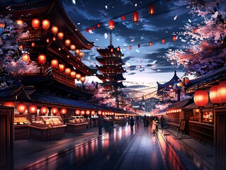 Fototapeta premium Illustrate an anime wallpaper featuring a bustling festival with lanterns, food stalls, and characters in traditional attire enjoying the festivities. The background should be vibrant and detailed