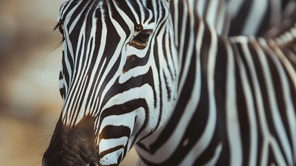 Naklejka premium A tight shot of a zebra's face with a softly blurred backdrop of its rearhead