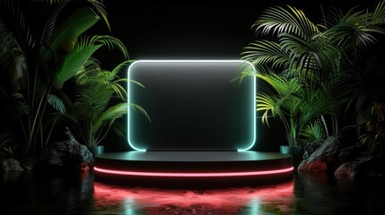 Neon light frame with tropical plants, dark background