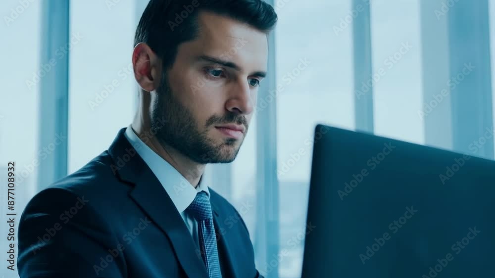 Aufkleber a businessman in a suit sits at a desk in a modern office, focused on work as he uses a laptop compu