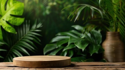 Wooden podium with lush tropical plants and vase for product display.