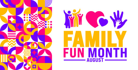 Family Fun Month geometric shape pattern background is observed every year in August. Template for background, banner, card, poster, placard, design template with unique shapes with standard color.