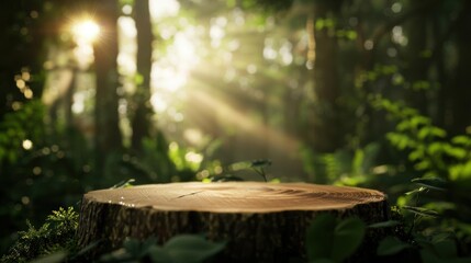 Naklejka premium Sunbeams illuminate a wooden stump in a lush forest setting.