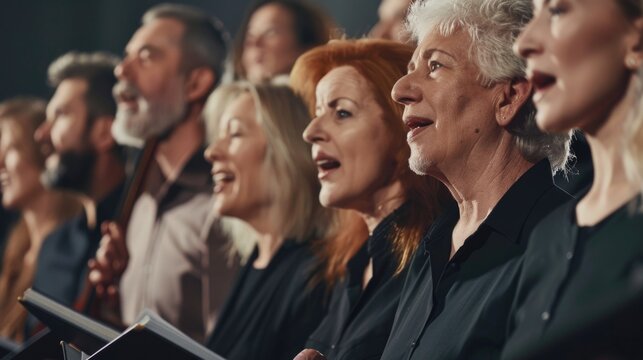 A group of people singing together in harmony, great for music-related themes or community events