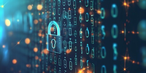 lock icon digital data cybersecurity, digital data network protection, global 5g high speed internet connection and big data analytics.