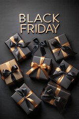 Many craft gift boxes with black ribbon bowing lying on black background are waiting to be opened for black friday shopping spree