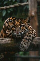 Obraz premium A tight shot of a leopard reclining on a tree branch, its head at ease upon another branch