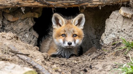 Naklejka premium A tight shot of a tiny fox peering from a hole in an earthy expanse, dotted with grass and strewn with rocks