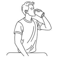 a man drinking from a soda can, line art vector illustration 