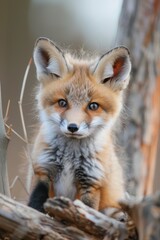 Fototapeta premium A tight shot of a small fox on a tree limb gazing at the camera, displaying a mournful expression