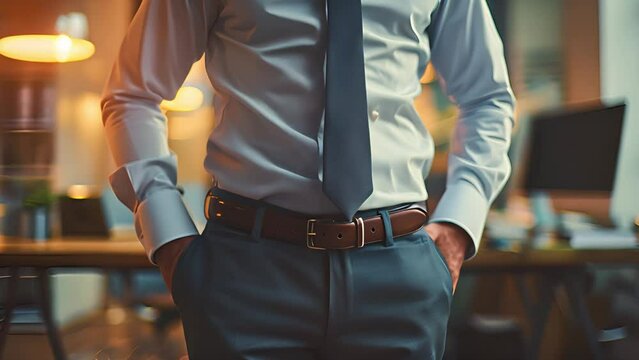A man in a light blue dress shirt and dark blue slacks stands in an office with his hands in his pockets.