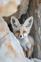  A tight shot of a small creature on rough terrain, surrounded by a hazy background A tiny fox peeks from a cave opening