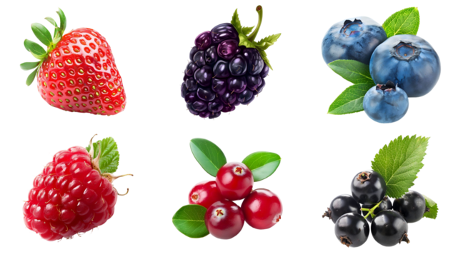 Set of various types of berries, isolated on transparent background. Strawberry, blackberry, blueberry, raspberry, cranberry, blackcurrant