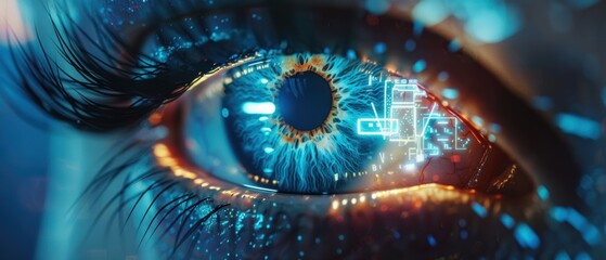 Close-up of a futuristic digital eye interface projecting holographic data, representing advanced technology and artificial intelligence.